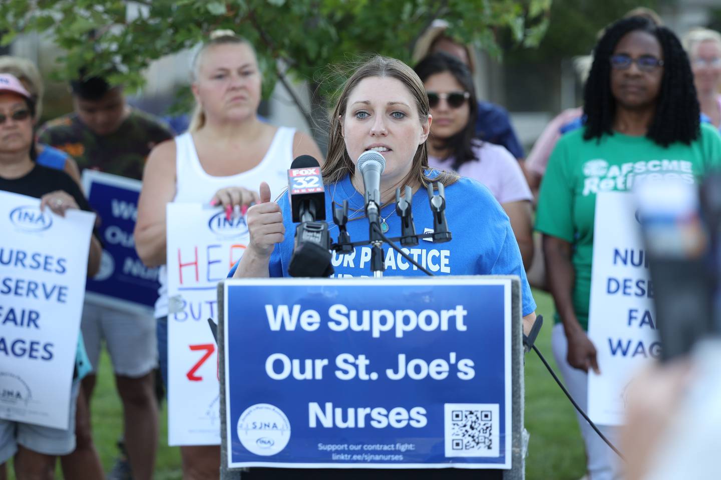 State Senator Rachel Ventura, a Joliet resident, speaks at a press conference during a picket outside St. Joseph Hospital as contract negotiations continue on Thursday, July 20th, 2023 in Joliet.