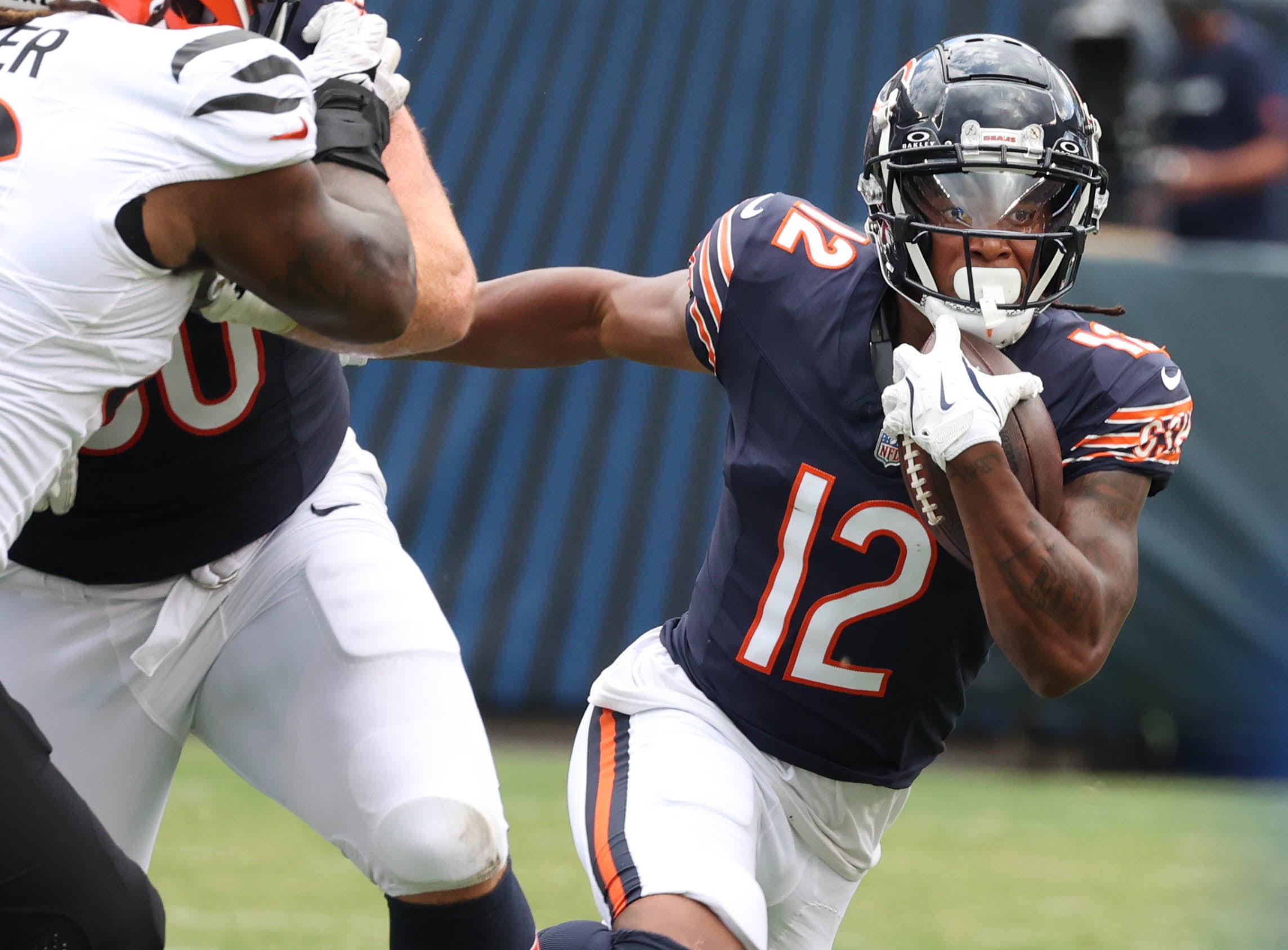 Chicago Bears wide receiver Velus Jones Jr. gets outside the Cincinnati defense during their game Saturday, Aug. 17, 2024, at Soldier Field in Chicago.