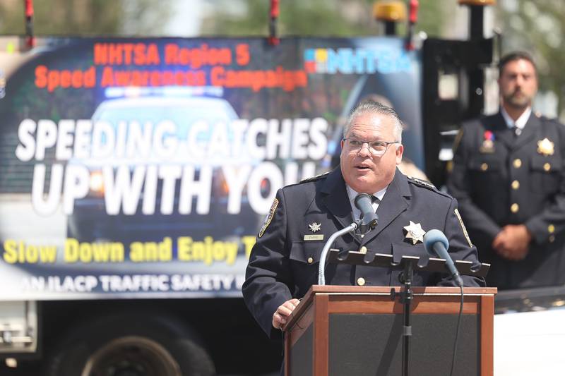 Joliet Police Chief William Evans speaks at the Speed Catches Up With You speed awareness campaign on Tuesday, July 23, 2024 in Joliet.