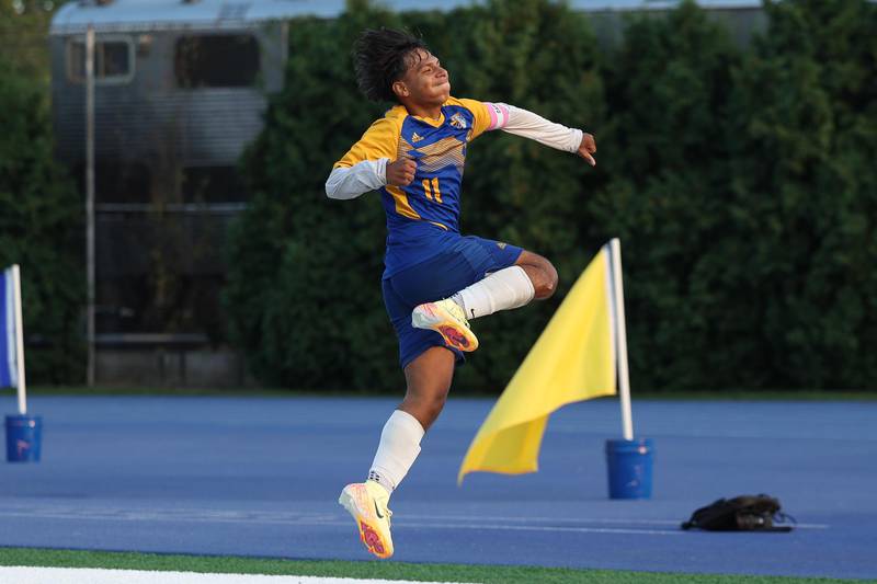 Joliet Central’s Ricardo Camacho celebrates his first goal against Joliet Catholic on Monday, Sept. 9, 2024 in Joliet.