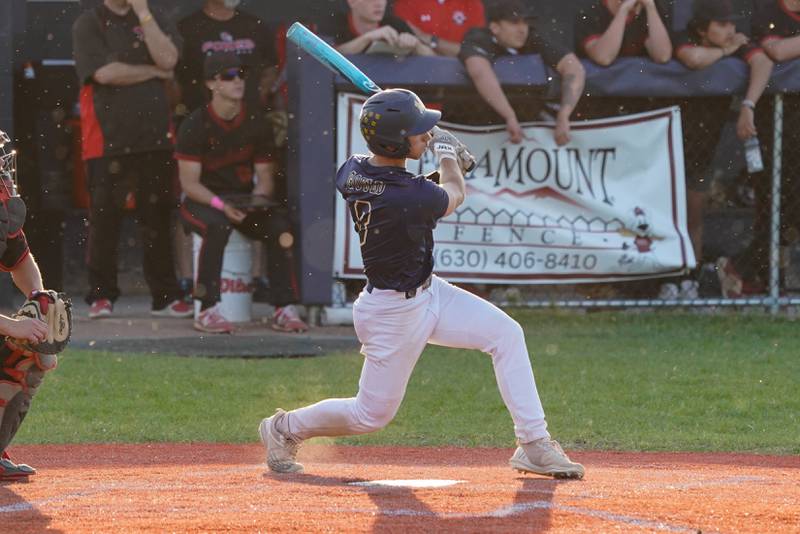 Neuqua Valley's Andrew Gould (8) single against Yorkville during a Class 4A Neuqua Valley Regional semifinal baseball game at Neuqua Valley High School in Naperville on Thursday, May 23, 2024.