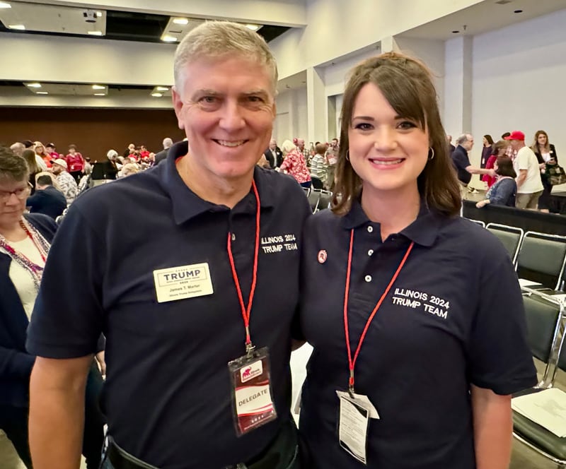 James Marter, Republican candidate for U.S. Congress in the 14th Congressional District, and Beth Findley Smith of La Salle County at the Illinois Republican Party State Convention in Collinsville. Marter was elected as a delegate for Donald J. Trump during the Primary Election for the 14th Congressional District. Both attended the Republican National Convention in Milwaukee.