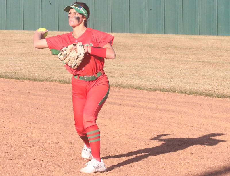 L-P's Abigail Nebinger throws to first base to force out a Kewanee runner on Monday, March 11, 2024 at the L-P Athletic Complex in La Salle.