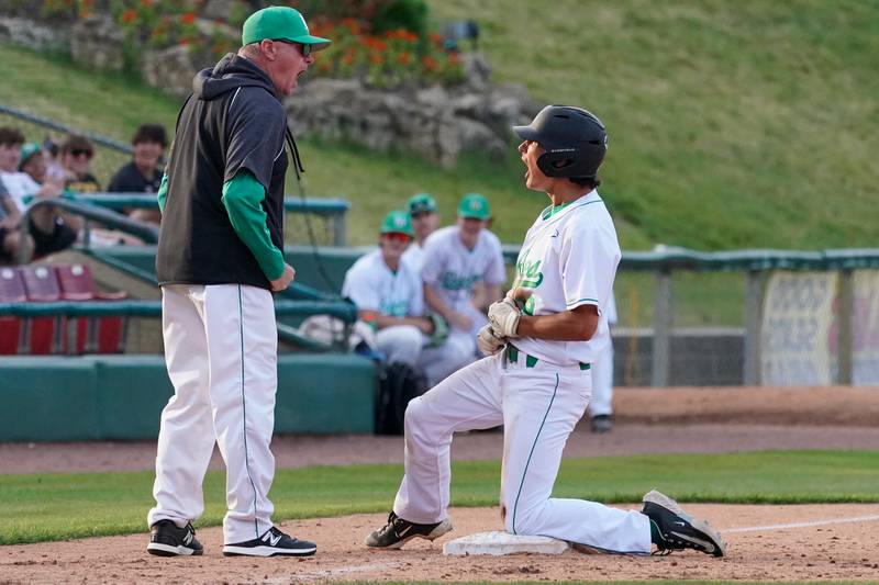 York's Chris Danko (19) reacts after hitting a triple to drive in a run against McHenry during a class 4A Kane County supersectional baseball game at Northwestern Medicine Field in Geneva on Monday, June 3, 2024.