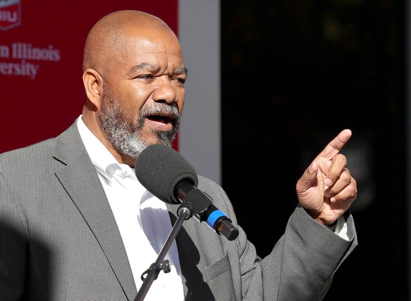 Montel Gayles, a Northern Illinois University trustee, speaks Friday, Oct. 7, 2022, during a renaming ceremony where New Residence Hall at NIU became Fanny Ruth Patterson Complex. Patterson was the university’s first Black graduate and the building is being named in her honor.