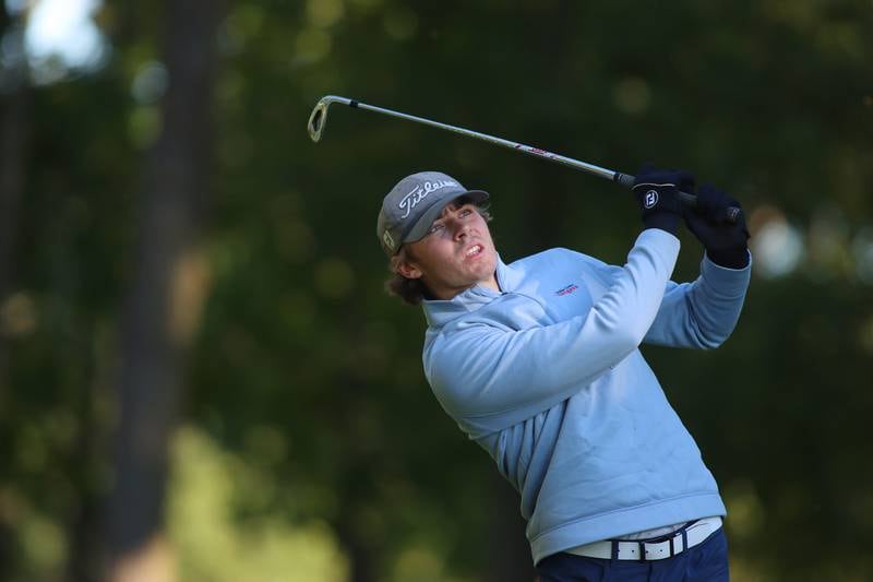 Dundee-Crown’s Jared Russell tees off on hole 17 in Cary-Grove High School 2024 Invitational varsity golf action on Saturday, Sept. 7, 2024, at Foxford Hills Golf Club in Cary.