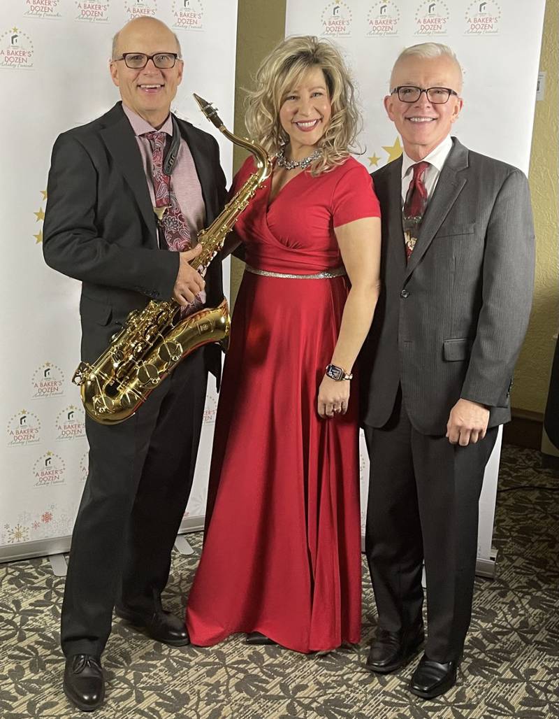 Joined by saxophonist Michael Bazan, left, and pianist Chuck Larkin, right, Maureen Christine will perform at the St. Charles Public Library on Sunday.