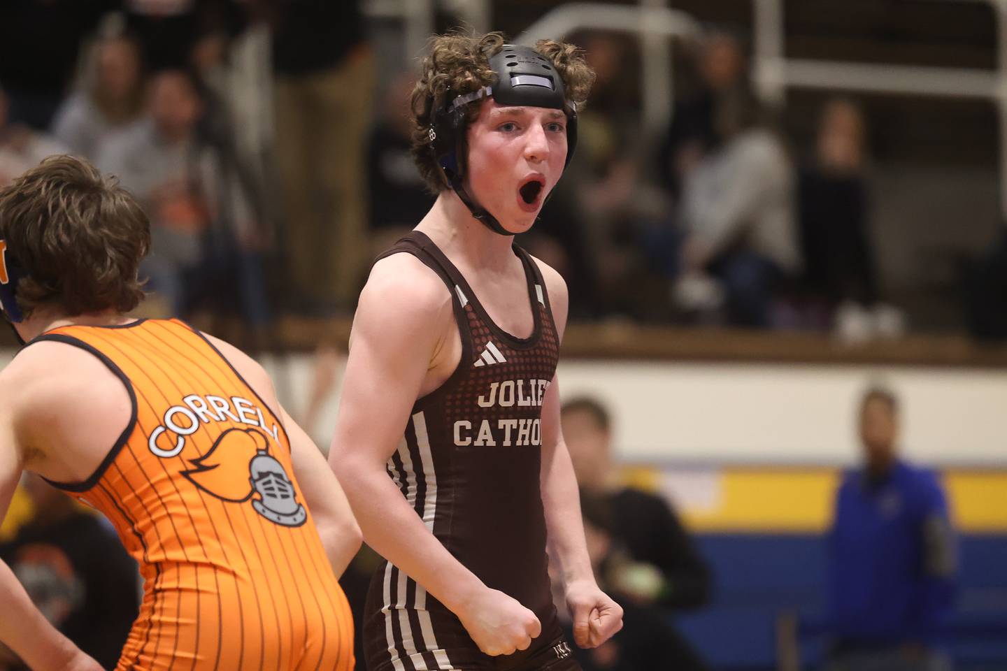 Joliet Catholic’s Luke Foster celebrates a win over Normal’s Caden Correll in the Class 3A Joliet Central Regional 106 pound Championship match on Saturday, Feb. 3rd 2024 in Joliet.