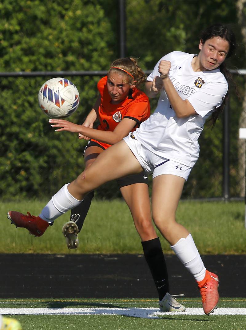 Crystal Lake Central's Kalissa Kaiser tries to send the ball forward as Wauconda's Isabelle Gerle defends during the IHSA Class 2A Grayslake North Regional championship soccer match on Friday, May 17, 2024, at Grayslake North High School.