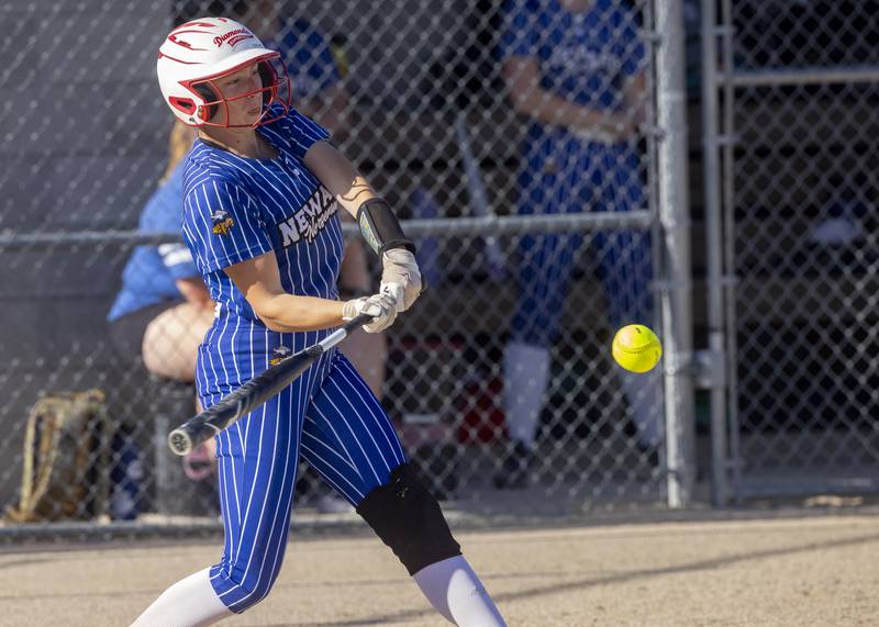 Kodi Rizzo of Newark High School connects for a deep drive to left field resulting in an inside the park homerun during the Class 1A Sectional Semifinal game at Woodland High School on May 22, 2024.