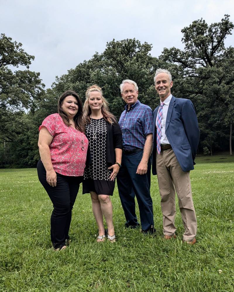 Streator Mayor Tara Bedei (left); Melissa Crank; SRCCF Board Chair Reed Wilson and SRCCF CEO Fran Brolley met recently at Marilla Park in Streator – the future home of Logan’s Oasis Playground.