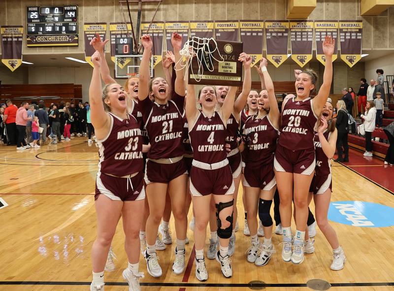 Montini Catholic celebrate winning the girls Class 3A Concordia University Supersectional basketball game against Grayslake Central on Monday, Feb. 26, 2024 in River Forest, IL.