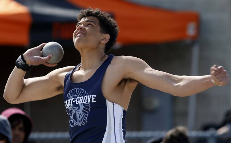 Cary-Grove’s Reece Ihenacho throws the shot putt Friday, April 21, 2023, during the McHenry County Track and Field Meet at Cary-Grove High School.