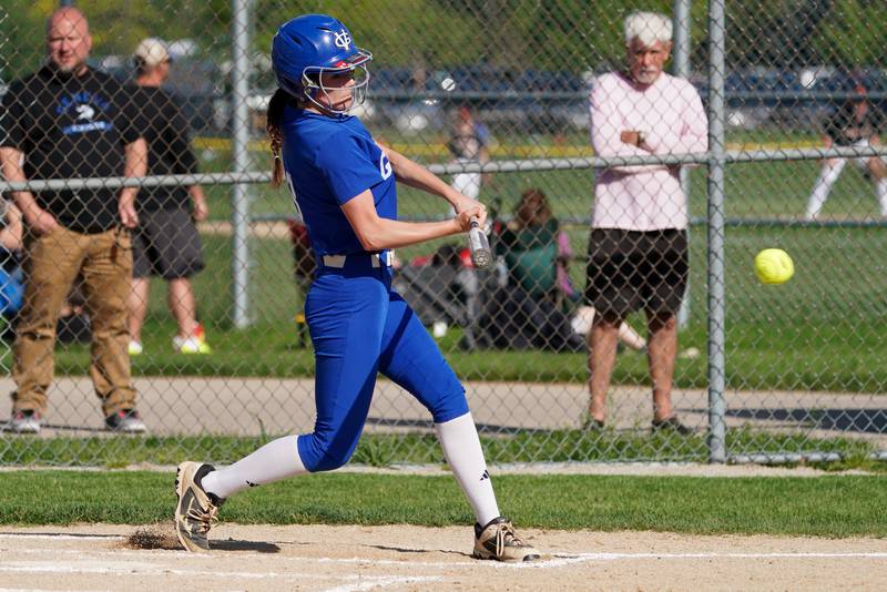 Geneva’s Paige Cornell (13) singles against Batavia during a softball game at Batavia High School on Wednesday, May 8, 2024.