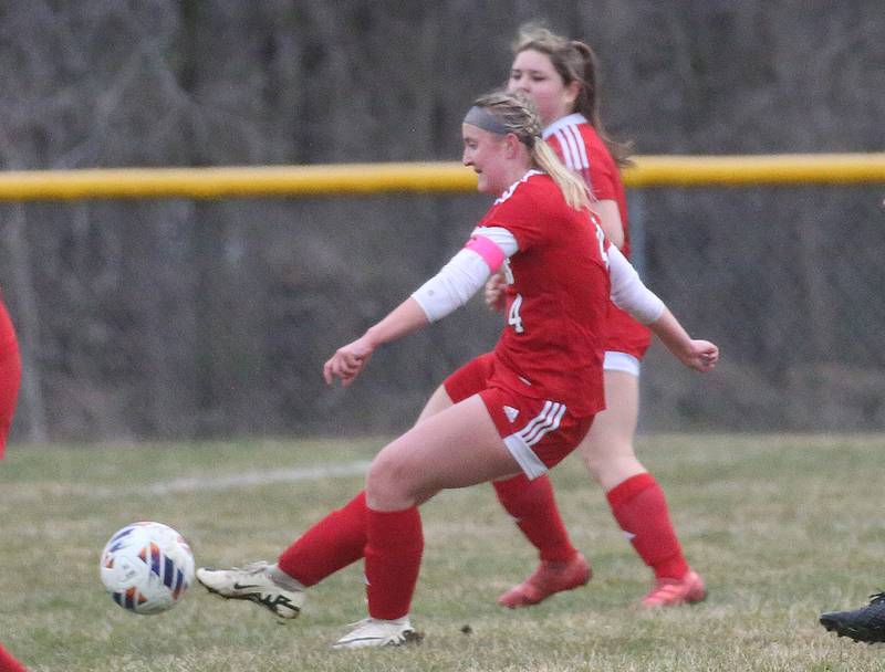 Streator's Josie Goerne kicks the ball into Morris territory on Monday, March 25, 2024 at the James Street Recreation Area in Streator.