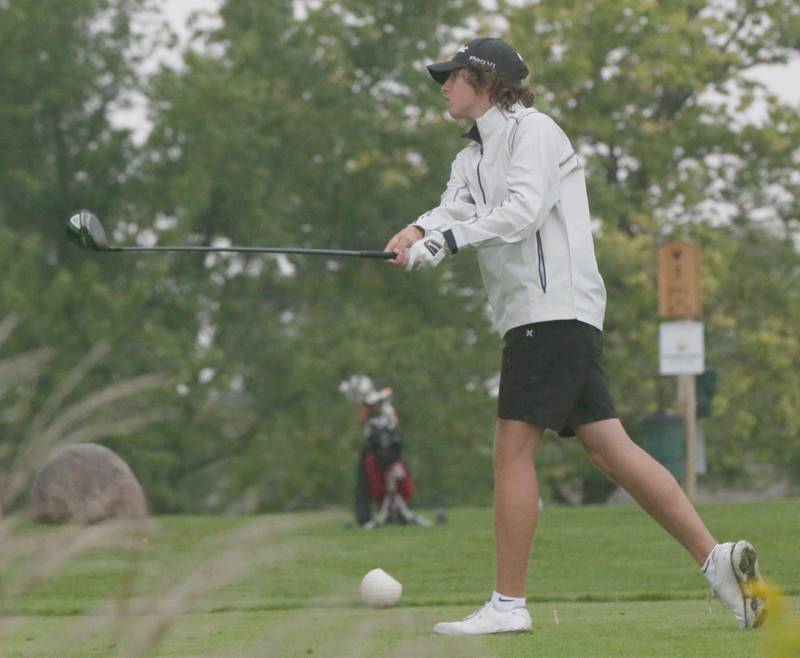 Henry-Senachwine's Jacob Miller tees off during the Class 1A Regional on Wednesday, Sept. 27, 2023 at Wolf Creek Golf Club in Pontiac.