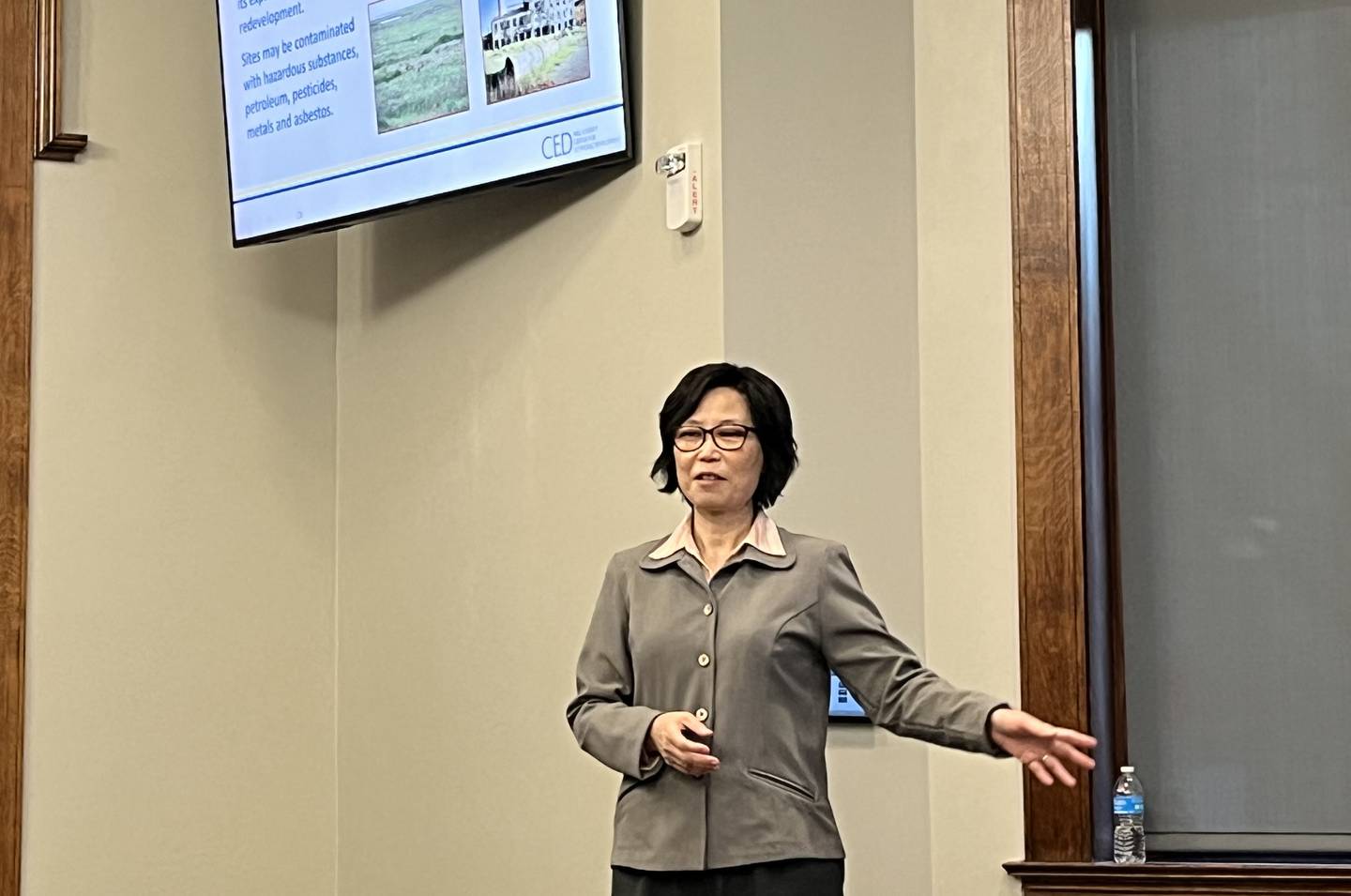 Linda Yang, senior principal for Terracon, speaks at a community outreach meeting regarding brownfields on Tuesday, Nov. 14, at the Joliet Public Library's Ottawa Street branch.