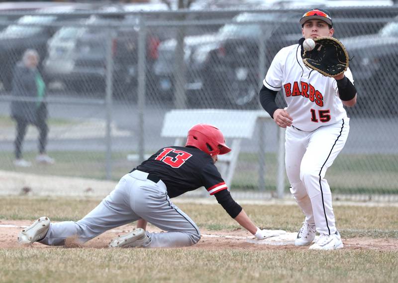 DeKalb’s Paul Kakoliris takes the throw on a pickoff attempt as East Aurora’s Ivan Nevarez get back safely during their game Wednesday, March 13, 2024, at DeKalb High School.