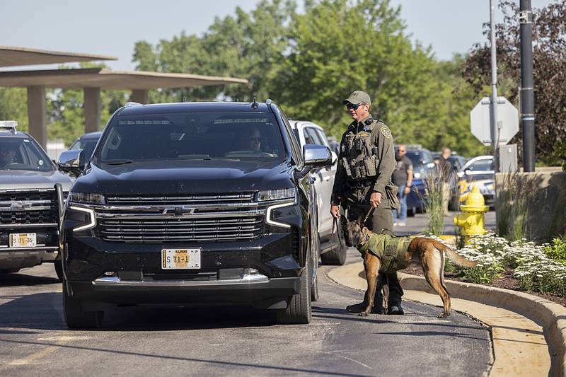 Police officers from the region congregate at OSF Medical Center in Rockford on Friday, June 14, 2024, to salute Lt. Jason Ketter of the Ogle County Sheriff's Office. Ketter was shot in the line of duty two days earlier. He was released from the hospital Friday night.