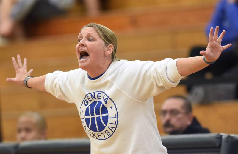 Geneva coach Sarah Meadows leads the Vikings during the Glenbard West Class 4A girls basketball regional final on Thursday, Feb. 15, 2024 in Glen Ellyn.