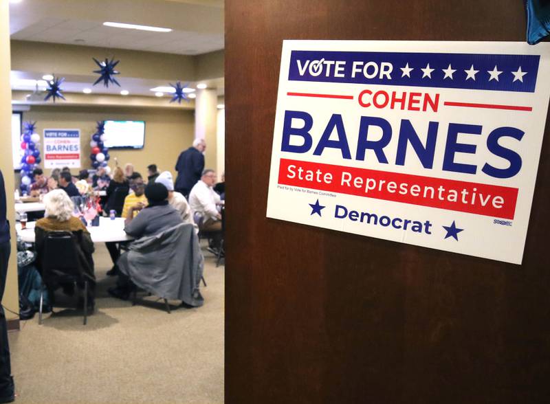 Supporters of Cohen Barnes, DeKalb mayor and candidate for the democratic nomination for the 76th district seat in the Illinois House of Representatives, gather Tuesday, March 19, 2024, during his election night party at Faranda’s in DeKalb.