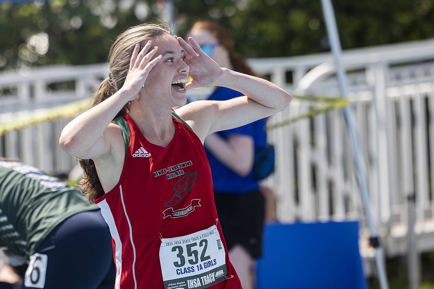 Henry-Senchawine-Midlands’s Daniella Bumber reacts to her time in the 1A 400 dash Saturday, May 18, 2024 at the IHSA girls state track meet in Charleston.