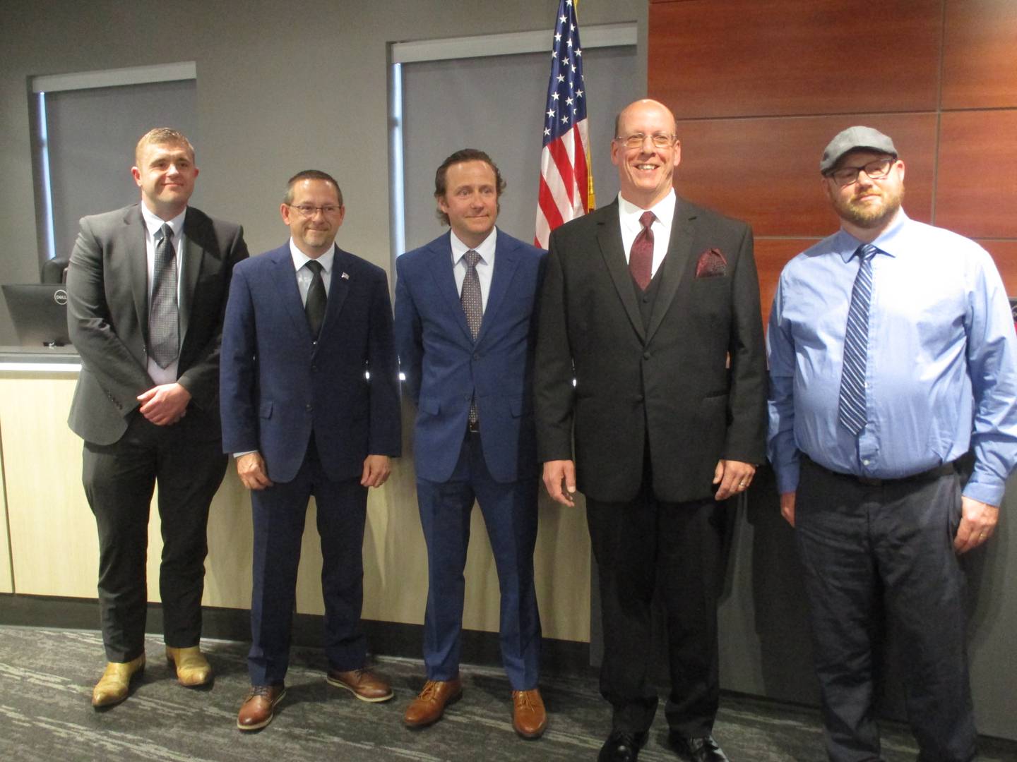 Four Yorkville aldermen and Mayor John Purcell began new terms of office at the new city hall building at 651 Prairie Pointe Drive on May 9, 2023. They are, from left, Rusty Corneils, Chris Funkhouser, Daniel Transier, Purcell and Craig Soling.