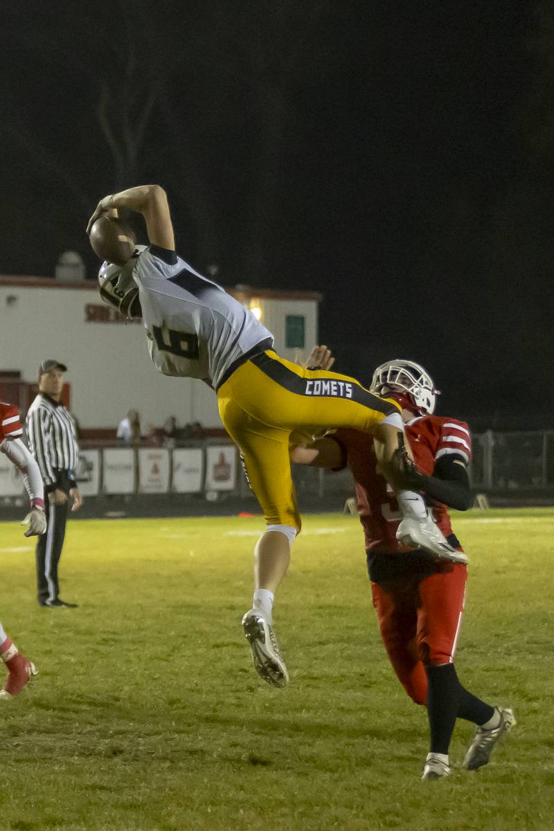 Jacob Reardon of Reed-Custer High School attempts to pull down an interception from the Streator Bulldogs at Doug Dieken Field on October 18, 2024.