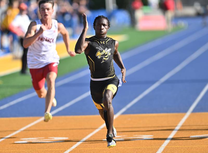 Hinsdale South's Amari Alexander wins the heat in the 100 meter daash during the IHSA 3A Sectional track meet  on Friday, May. 17, 2024, at Joliet.