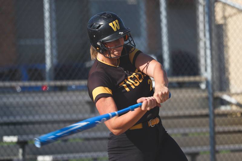 Joliet West’s Brooke Schwall connects against Plainfield Central on Wednesday, May 15, 2024 in Joliet.