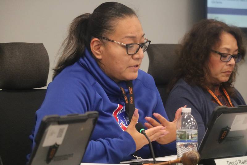 Board President Deyci Ramirez speaks at the Sept. 19, 2023 meeting of the DeKalb District 428 school board.