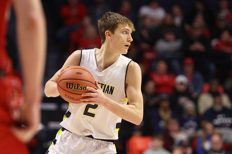 Yorkville Christian’s Jaden Schutt looks to pass against Liberty in the Class 1A championship game at State Farm Center in Champaign. Friday, Mar. 11, 2022, in Champaign.