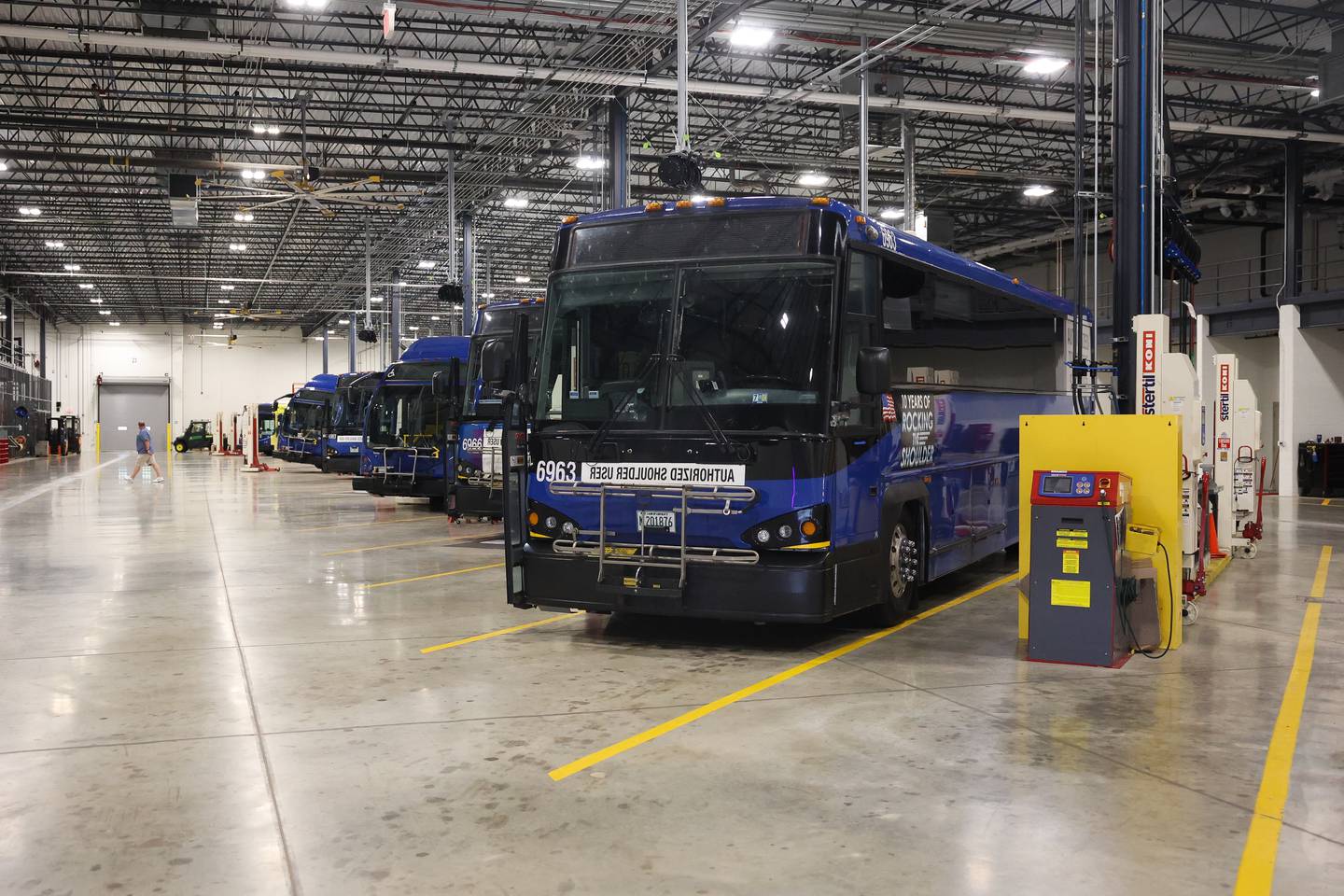 Buses sit in Pace’s maintenance garage for routine maintenance at Pace’s bus depot on Monday July 1, 2024 in Plainfield.