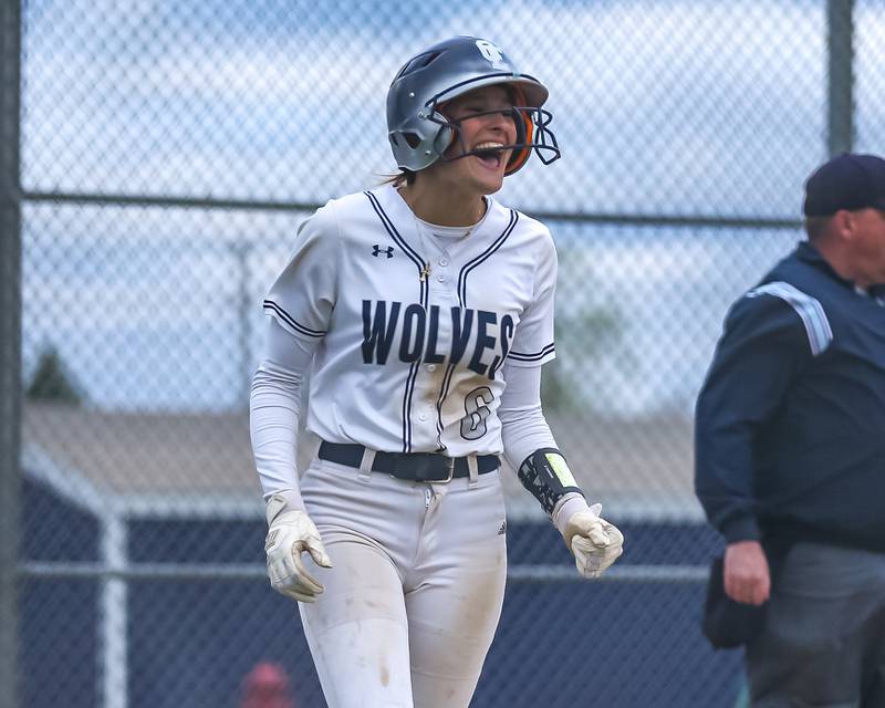 Oswego East's Ronnie Craft (6) celebrates her winning run during softball game between Yorkville at Oswego East. April 17th, 2024.