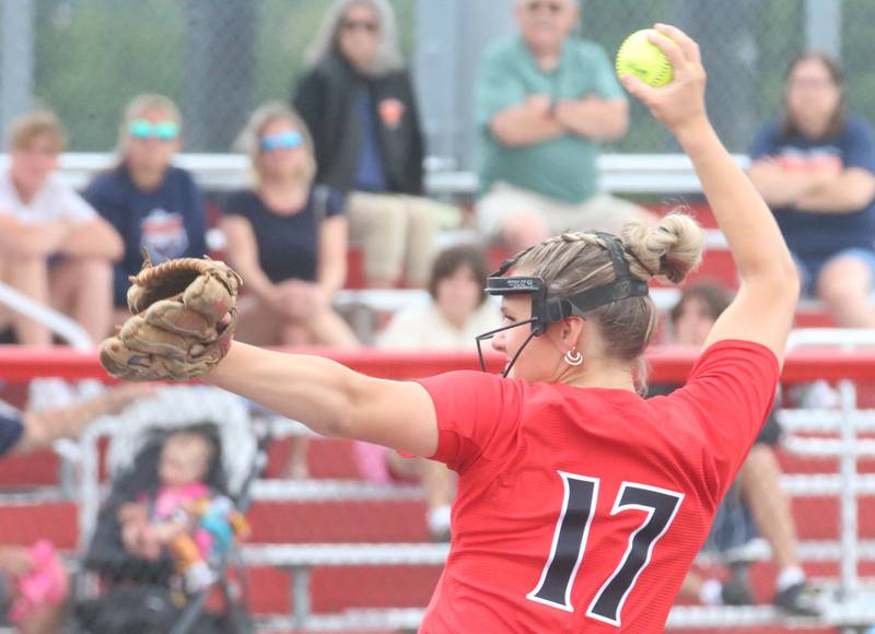 Mundelein pitcher Shae Johnson fires a pitch to Oswego during the Class 4A third place game on Saturday, June 8, 2024 at the Louisville Slugger Sports Complex in Peoria.