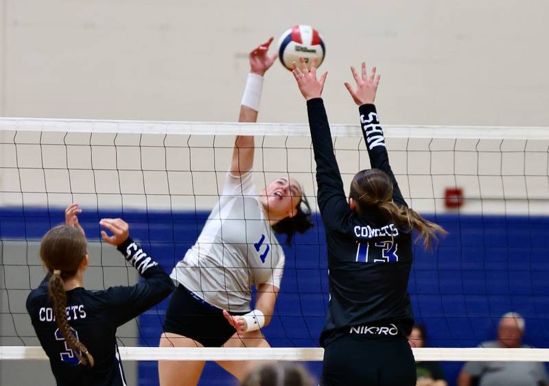 Princeton's Keely Lawson hits against Newman's Marykay Downs (13) Tuesday night at Prouty Gym.