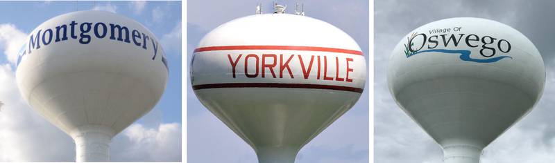 Montgomery, Yorkville and Oswego water towers.