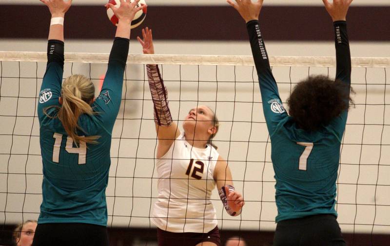 Richmond-Burton’s Zoe Freund tips the ball against Woodstock North in varsity volleyball on Monday, Sept. 16, 2024, at Richmond-Burton High School in Richmond.