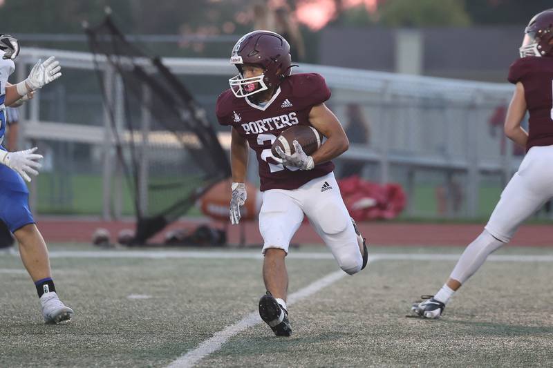 Lockport’s Elijah Beltran rushes to the outside against Lincoln-Way East on Friday, Sept. 29, 2023 in Lockport.