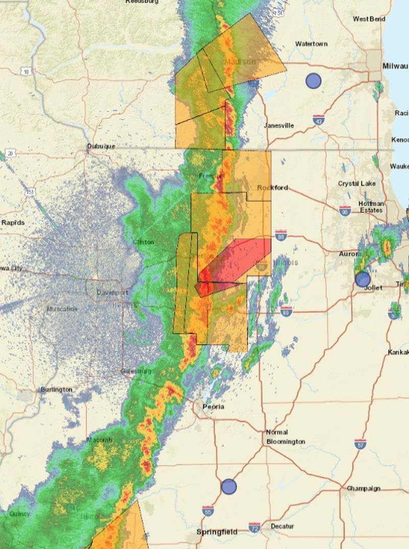 National Weather Service radar shows a line of storms cutting across northwest Illinois on Wednesday morning.