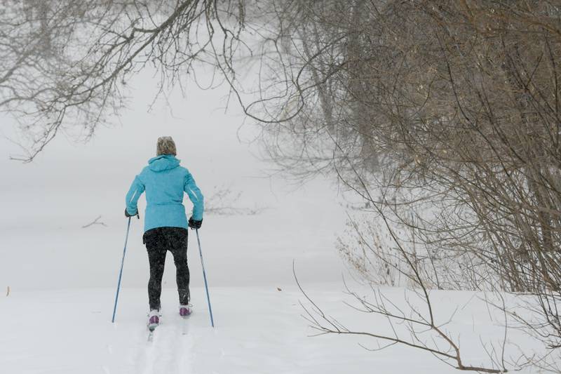 Mattine Gallentine cross-country skis in St. Charles' Pottawattomie Park on Wednesday, Feb. 2, 2022.