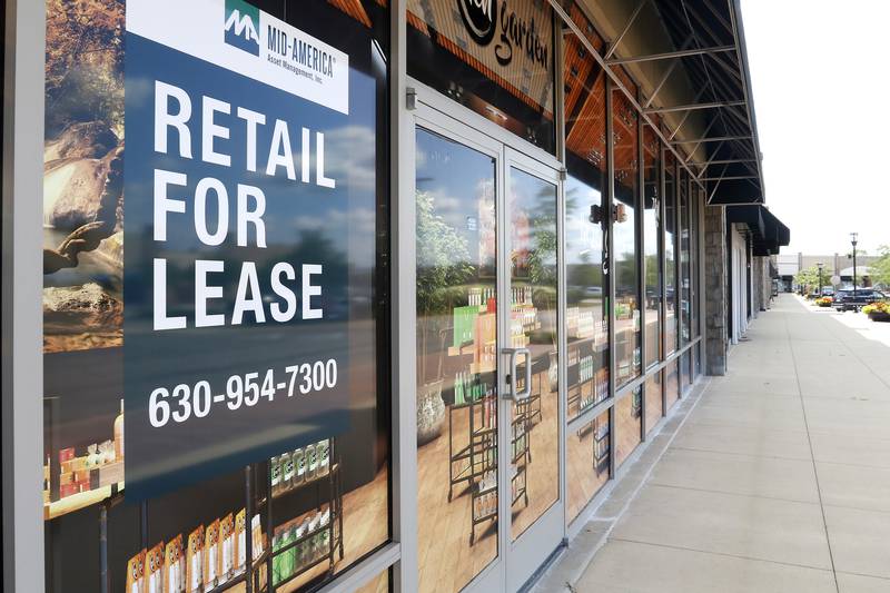 Empty retail stores are seen for lease at the Algonquin Commons on Tuesday, Aug. 3, 2021, in Algonquin. Vacancy at the center dropped to 12% from 25% since Red Mountain Group took over ownership. The village of Algonquin’s overall retail vacancy rate is 7.7%.