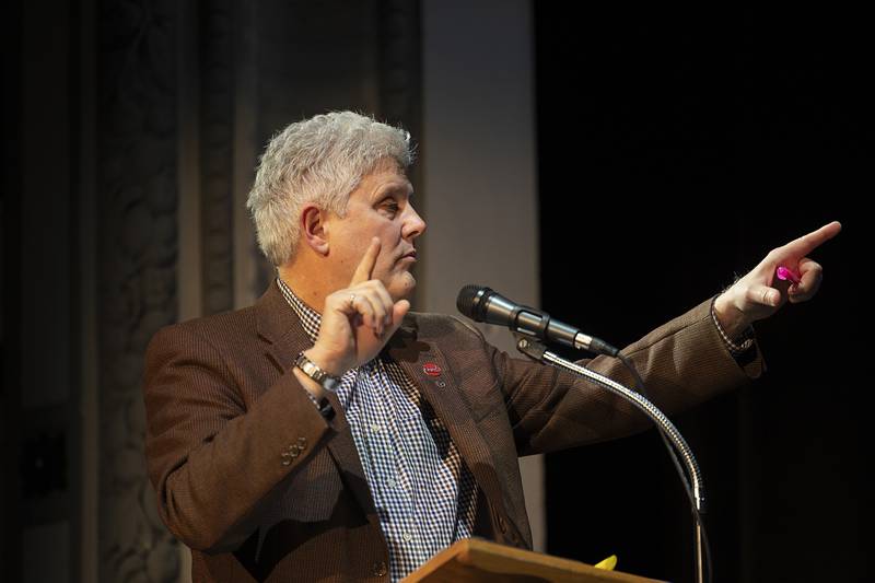 Moderator Dave Hellmich runs the Dixon candidates forum held on Thursday, March 16, 2023 at the Dixon Historic Theatre.