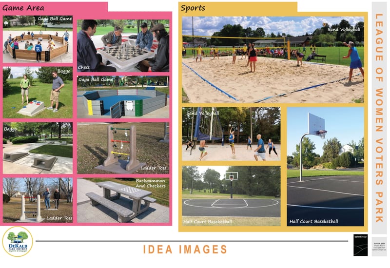 A concept proposal published by the DeKalb Park District for potential development of the League of Women Voters Park at 262 Cotton Ave., DeKalb. The DeKalb Park District is collecting community feedback via a public meeting Tuesday, June 25, 2024, and a survey open through July 3, 3034, on park improvements.