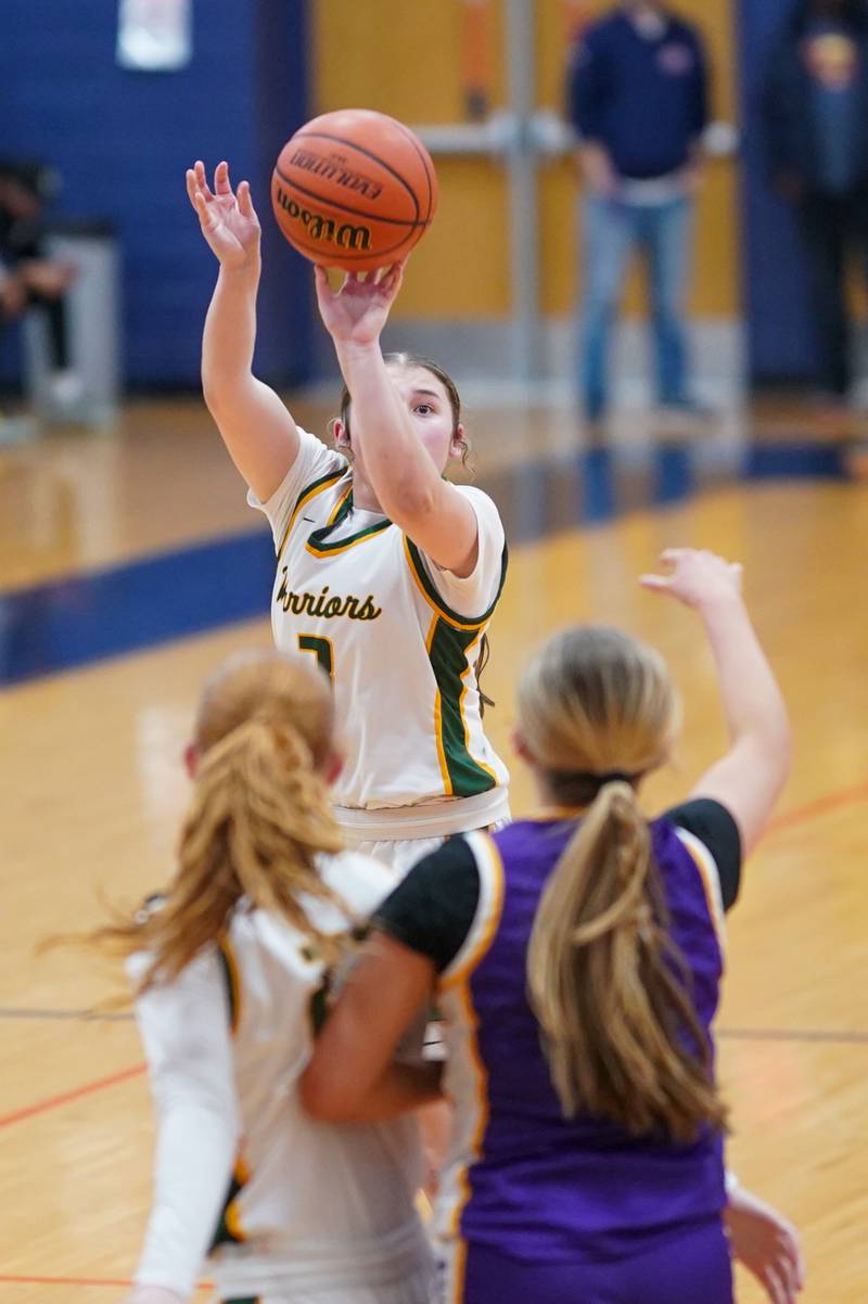 Waubonsie Valley's Maya Cobb (3) shoots a three pointer against Downers Grove North during a Oswego semifinal sectional 4A basketball game at Oswego High School on Tuesday, Feb 20, 2024.