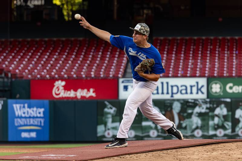 Nicholas Currie of Princeton Post 125 fires a pitch for the Illinois All-Stars in the American Legion All-Star Game at Busch Stadium on Sunday, June 23 in St. Louis. He also played in the field and got to bat.
