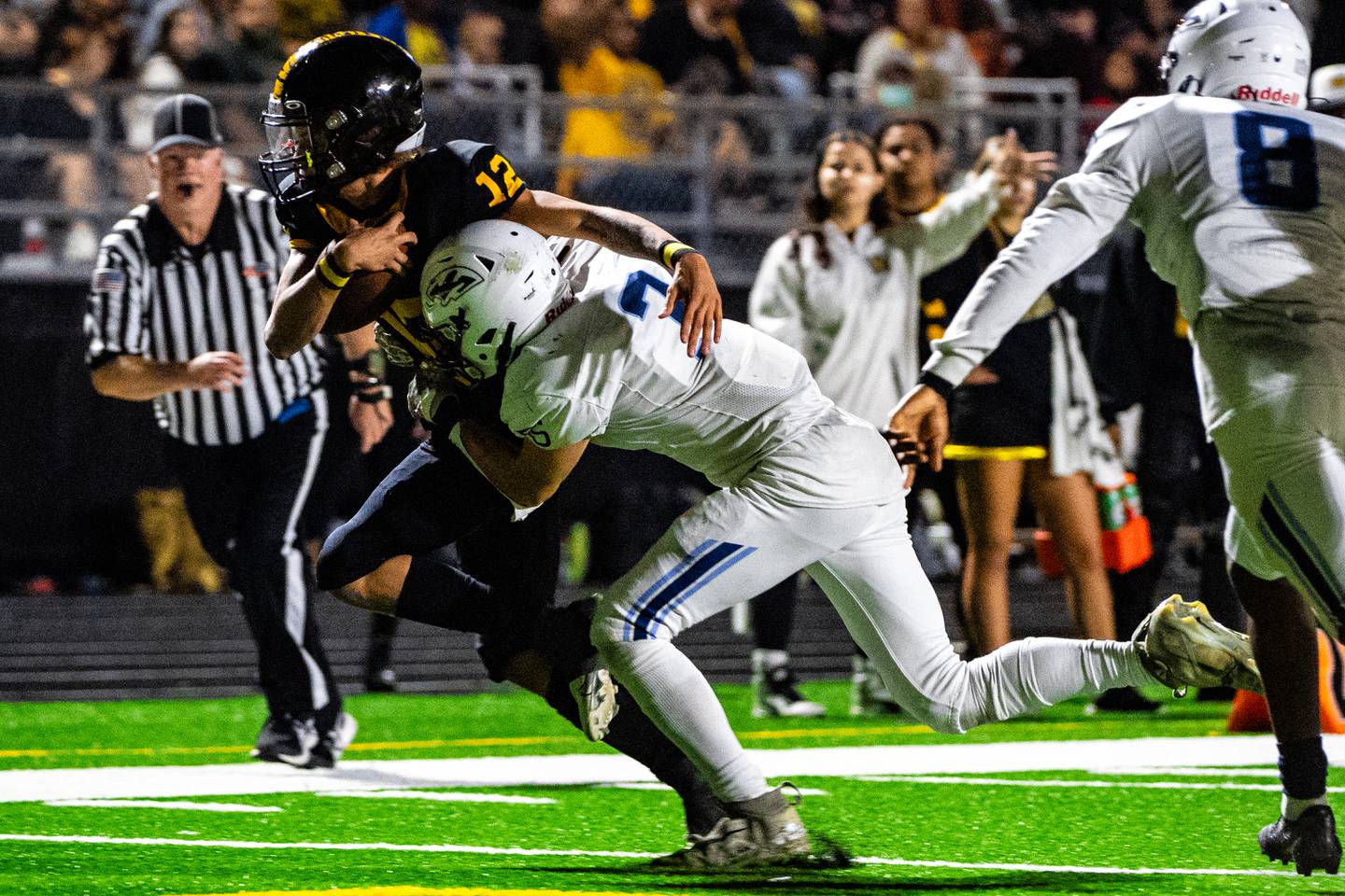 Plainfield South's Caden Pierceall tackles Joliet Wests Alexander Cruz during a game on Friday Sept. 29, 2023 at Joliet West High School in Joliet