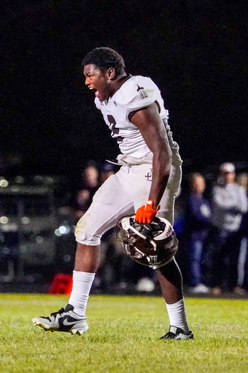 Joliet Catholic's Kingston Dunagan (2) reacts after making a defensive stop against Oswego during a football game at Oswego High School on Friday, Sep 6, 2024.