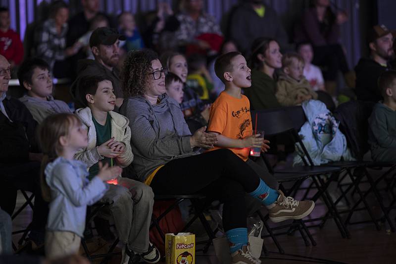 Kids and adults alike laugh and cheer as Cirque Luz Dalia performers show off their talents Tuesday, April 2, 2024, at Dixon Park District’s The Facility.