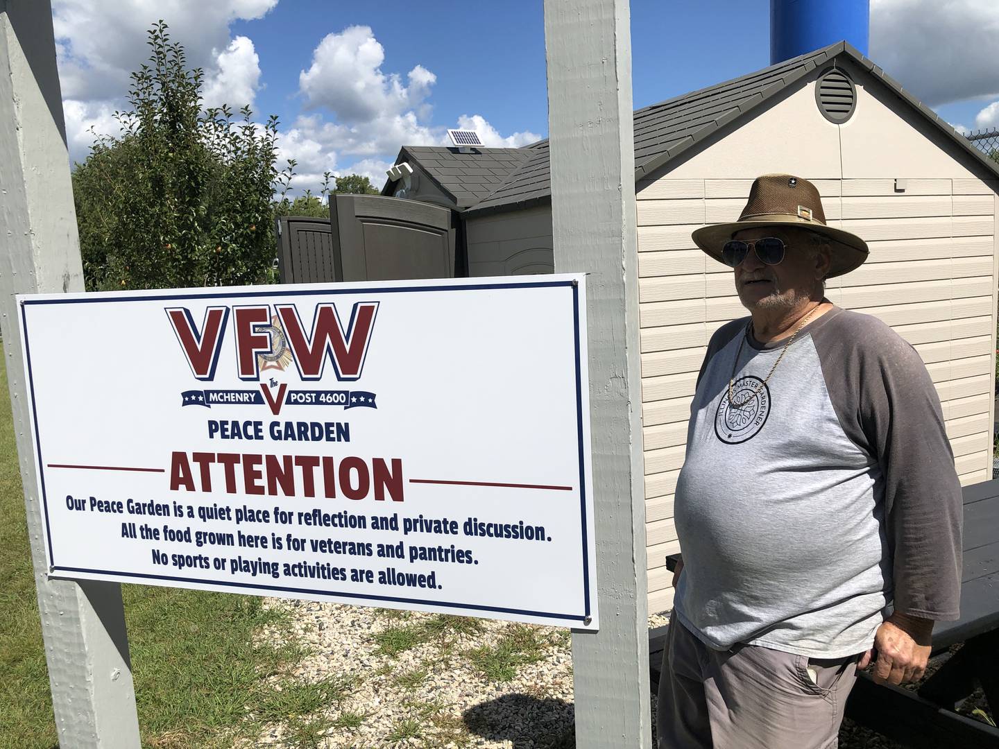 Joe Menotti on  Monday, Sept. 2, 2024, at McHenry VFW Post 4600's Peace Garden. The garden is designed to give those with PTSD a tranquil place to visit while also providing food for the community.